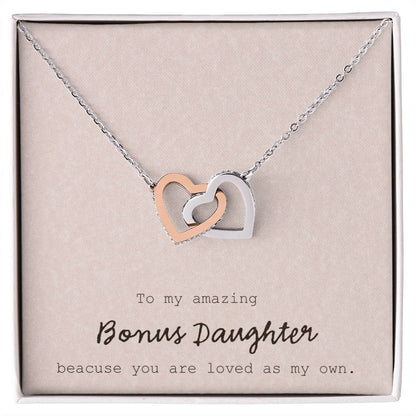 To My Amazing Bonus Daughter - Pink Interlocking Hearts Necklace