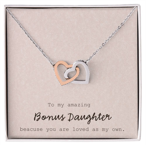 To My Amazing Bonus Daughter - Pink Interlocking Hearts Necklace