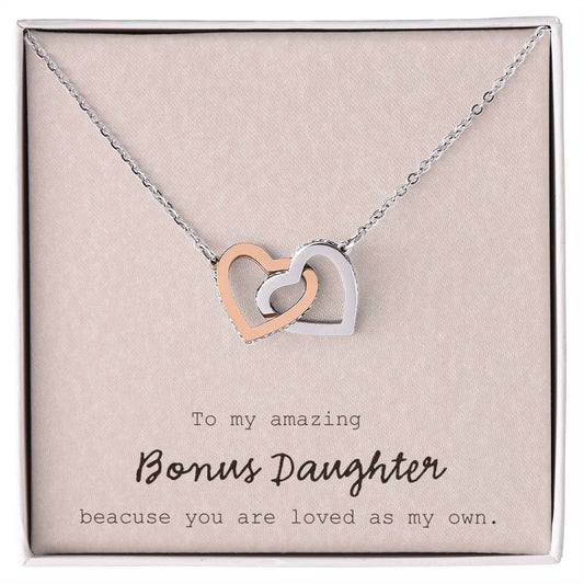 To My Amazing Bonus Daughter - Pink Interlocking Hearts Necklace