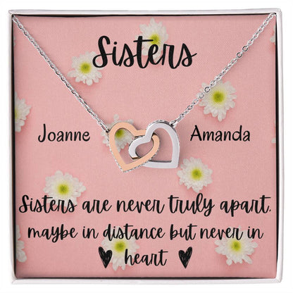 Sisters - Interlocking Necklace - Daisy Background - Personalized Interlocking Hearts Necklace