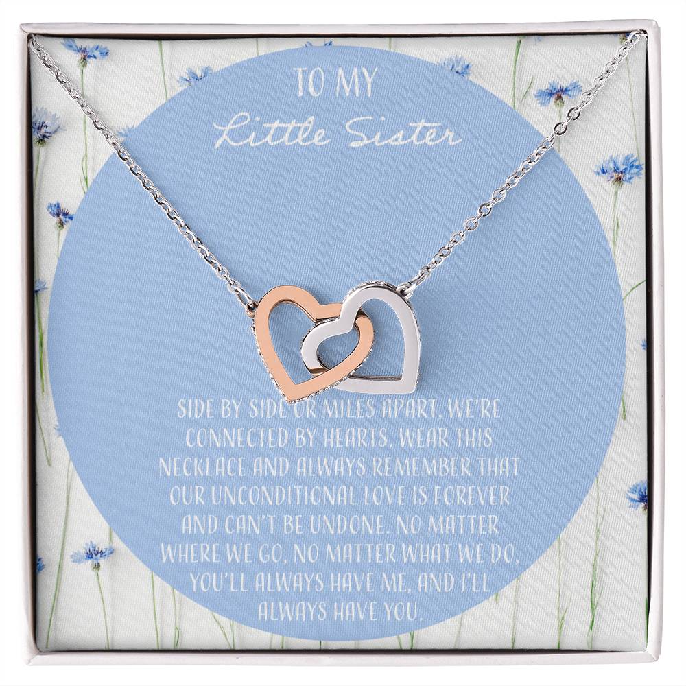 To My Little Sister Side By Side Interlocking Hearts Necklace