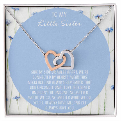 To My Little Sister Side By Side Interlocking Hearts Necklace