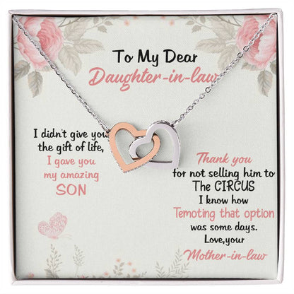 To My Dear Daughter In Law Thank You For Not Selling My Son Love From Mother In Law Love Forever Neckless Interlocking Hearts Necklace