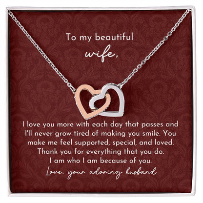 To Beautiful Wife Interlocking Hearts Necklace Minimalist Burgundy