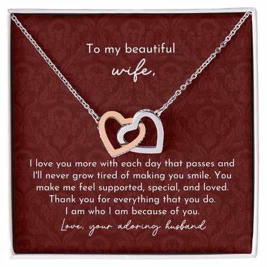 To Beautiful Wife Interlocking Hearts Necklace Minimalist Burgundy