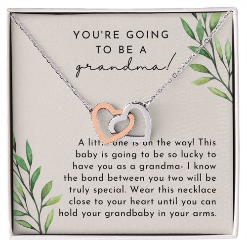 Grandma Baby Announcement L Neutral Leaves Final Interlocking Hearts Necklace