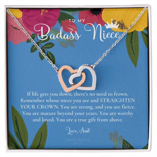 To My Badass Niece Straighten Your Crown Necklace Aunt Niece Necklace Niece Birthday Gift Niece Graduation Gift Interlocking Hearts Necklace