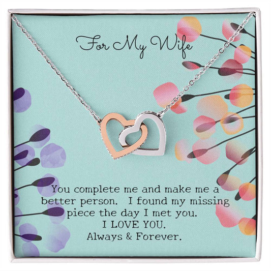 Gift For My Wife - Entwined Hearts Pendant Necklace - You Complete Me - Embellished W Sparkling Cz Stone Interlocking Hearts Necklace