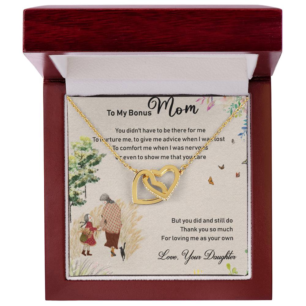To My Bonus Mom Interlocking Hearts Necklace Message Card