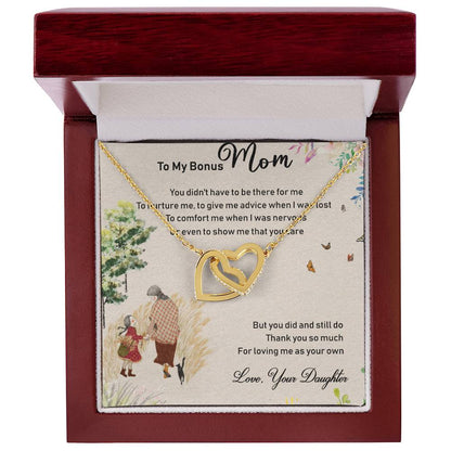 To My Bonus Mom Interlocking Hearts Necklace Message Card