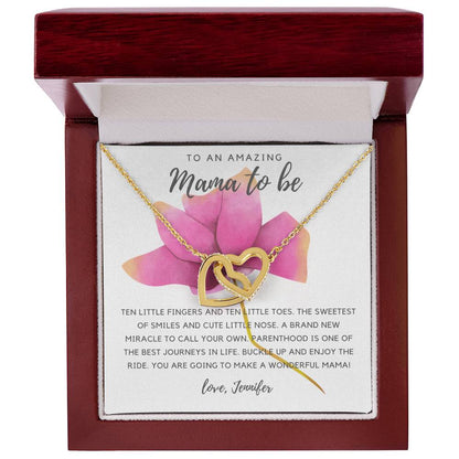 To An Amazing Mama To Be - Pink Rose Interlocking Hearts Necklace