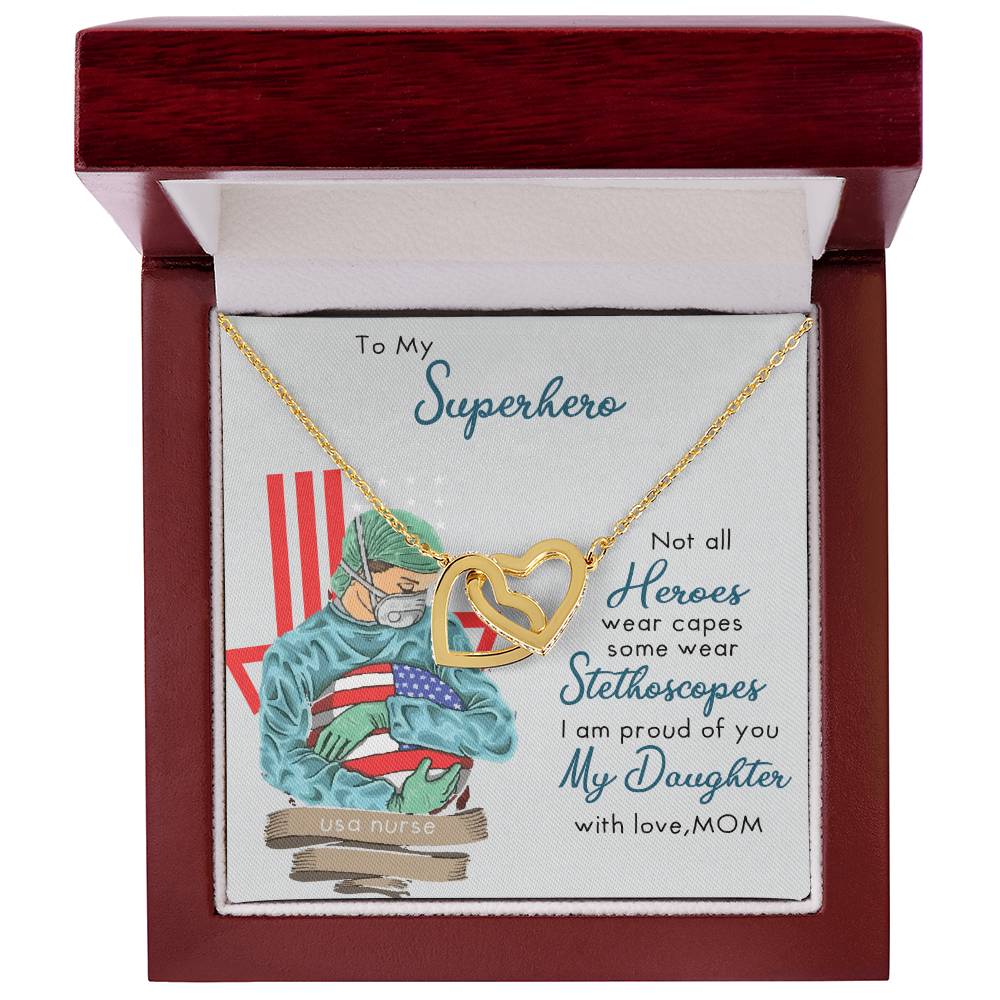 My Superhero Nurse Daughter Interlocking Hearts Necklace
