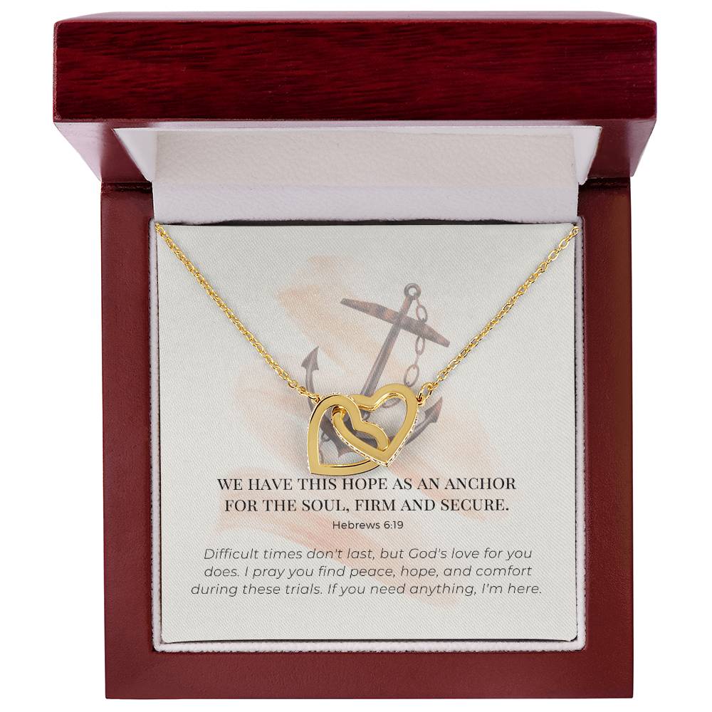 Scripture Encouragement Interlocking Hearts Necklace Hebrews 619 Cream Brush