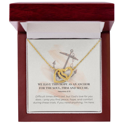 Scripture Encouragement Interlocking Hearts Necklace Hebrews 619 Cream Brush