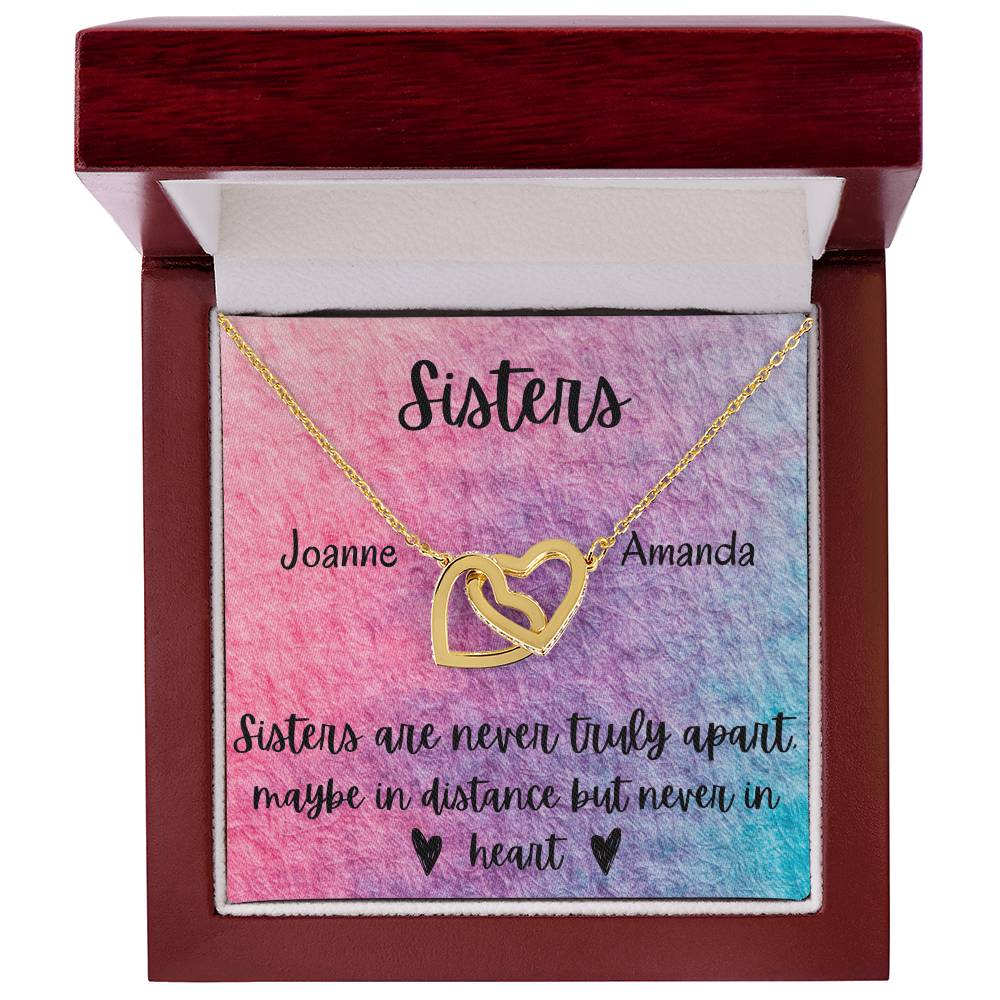 Sisters - Interlocking Necklace - Rainbow Background - Personalized Interlocking Hearts Necklace