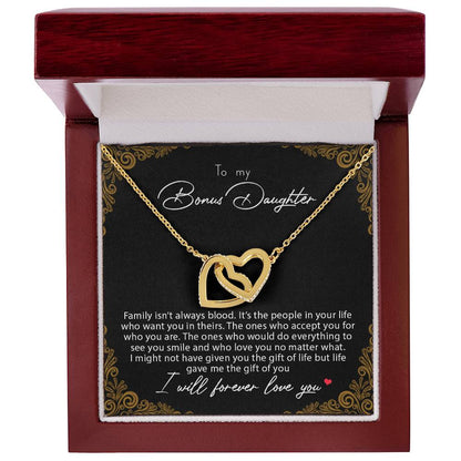 To My Bonus Daughter Family Isn'T Always Blood Interlocking Hearts Necklace