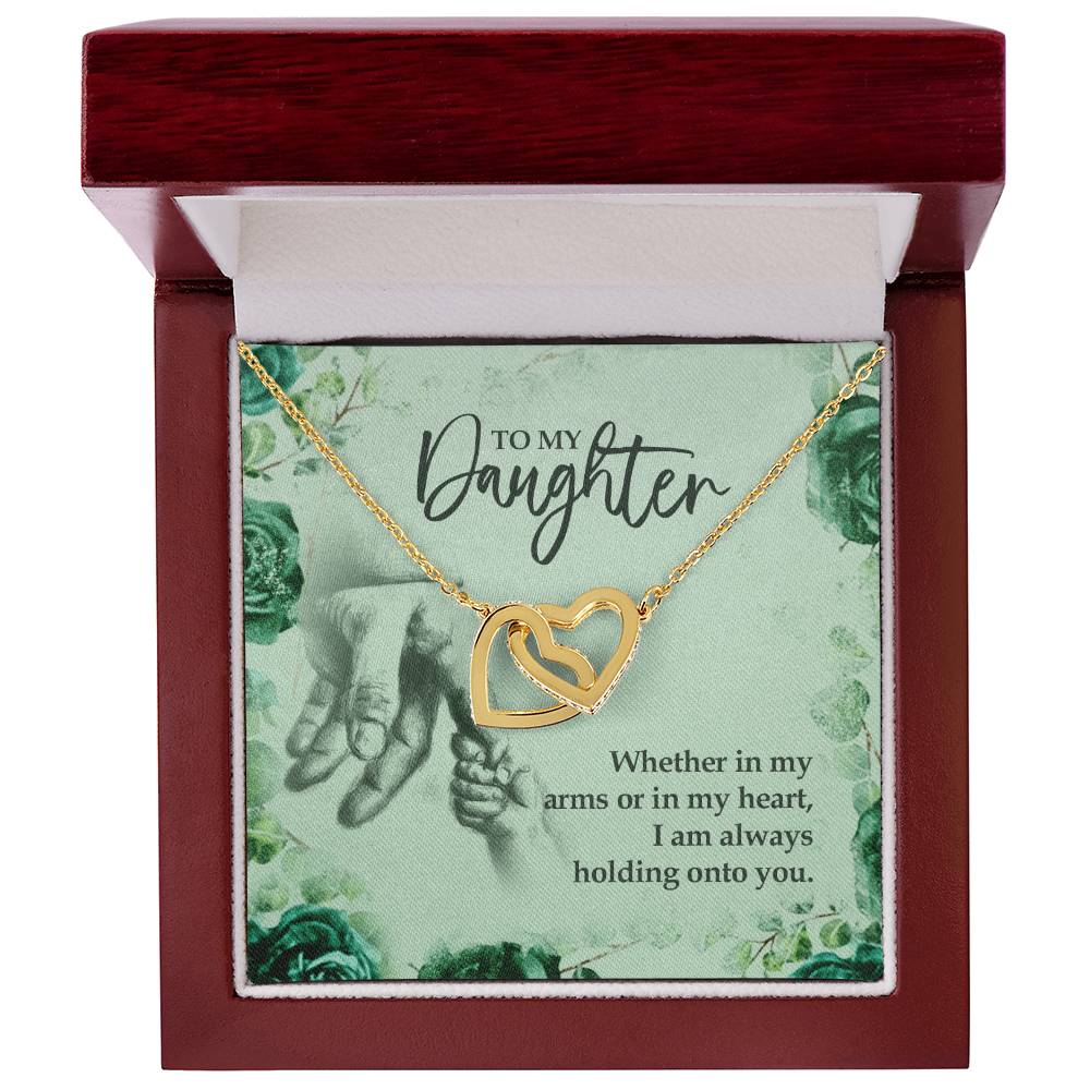 To My Daughter Holding Onto You. Artisan Zirconia Necklace Interlocking Hearts Necklace