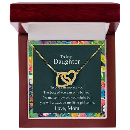 To My Daughter No One Can Replace You Necklace. Embellished With Cubic Zirconia Stones. Interlocking Hearts Necklace