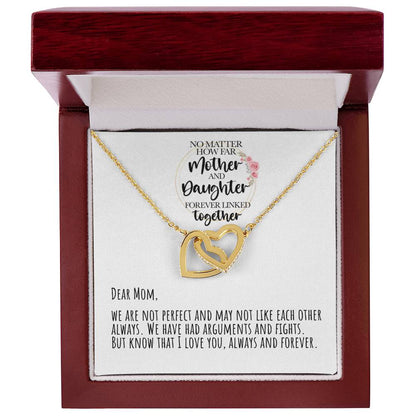 No Matter How Far Mother And Daughter Forever Linked Together Interlocking Hearts Necklace