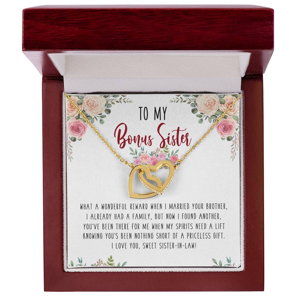 To My Bonus Sister Interlocking Hearts Necklace Birthday Message Card Gift