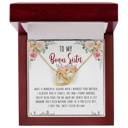 To My Bonus Sister Interlocking Hearts Necklace Birthday Message Card Gift