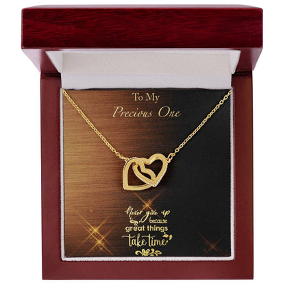 Great Things Take Time - Brushed Background Interlocking Hearts Necklace