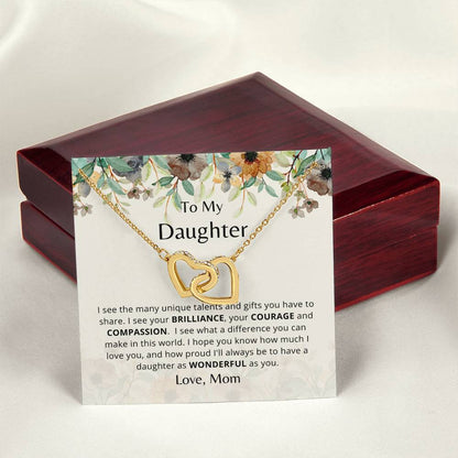 To My Daughter - As Wonderful As You - Necklace. Embellished With Cubic Zirconia Stones. Interlocking Hearts Necklace