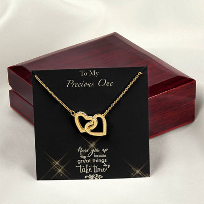 Never Give Up - Black Background Interlocking Hearts Necklace