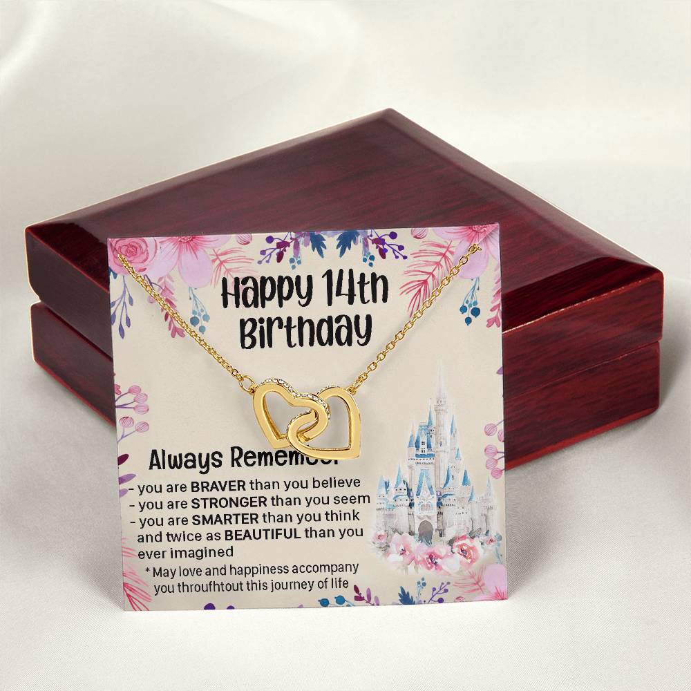 Happy 14Th Birthday Necklace Gift For Daughter Gift For 14 Years Old Teen 14 Year Old Birthday Girl Custom Card Interlocking Hearts Necklace