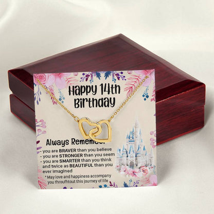 Happy 14Th Birthday Necklace Gift For Daughter Gift For 14 Years Old Teen 14 Year Old Birthday Girl Custom Card Interlocking Hearts Necklace