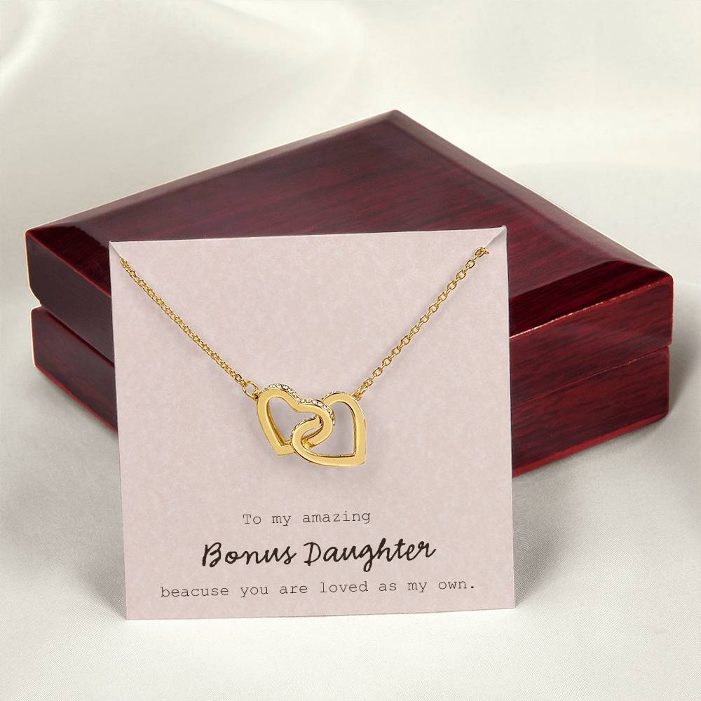 To My Amazing Bonus Daughter - Pink Interlocking Hearts Necklace