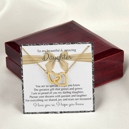 To My Beautiful Daughter 2 Hearts - Exclusive Offer Ribbon Interlocking Hearts Necklace