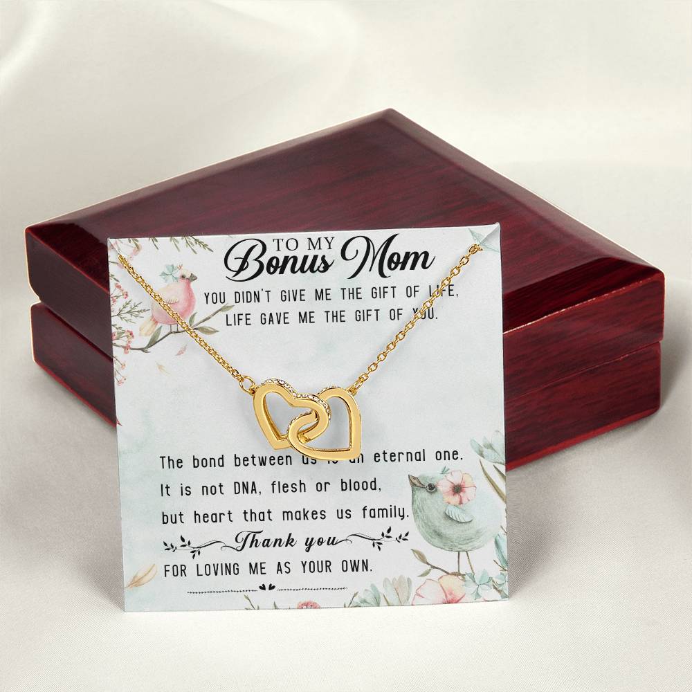To My Bonus Mom Interlocking Hearts Necklace Message Card