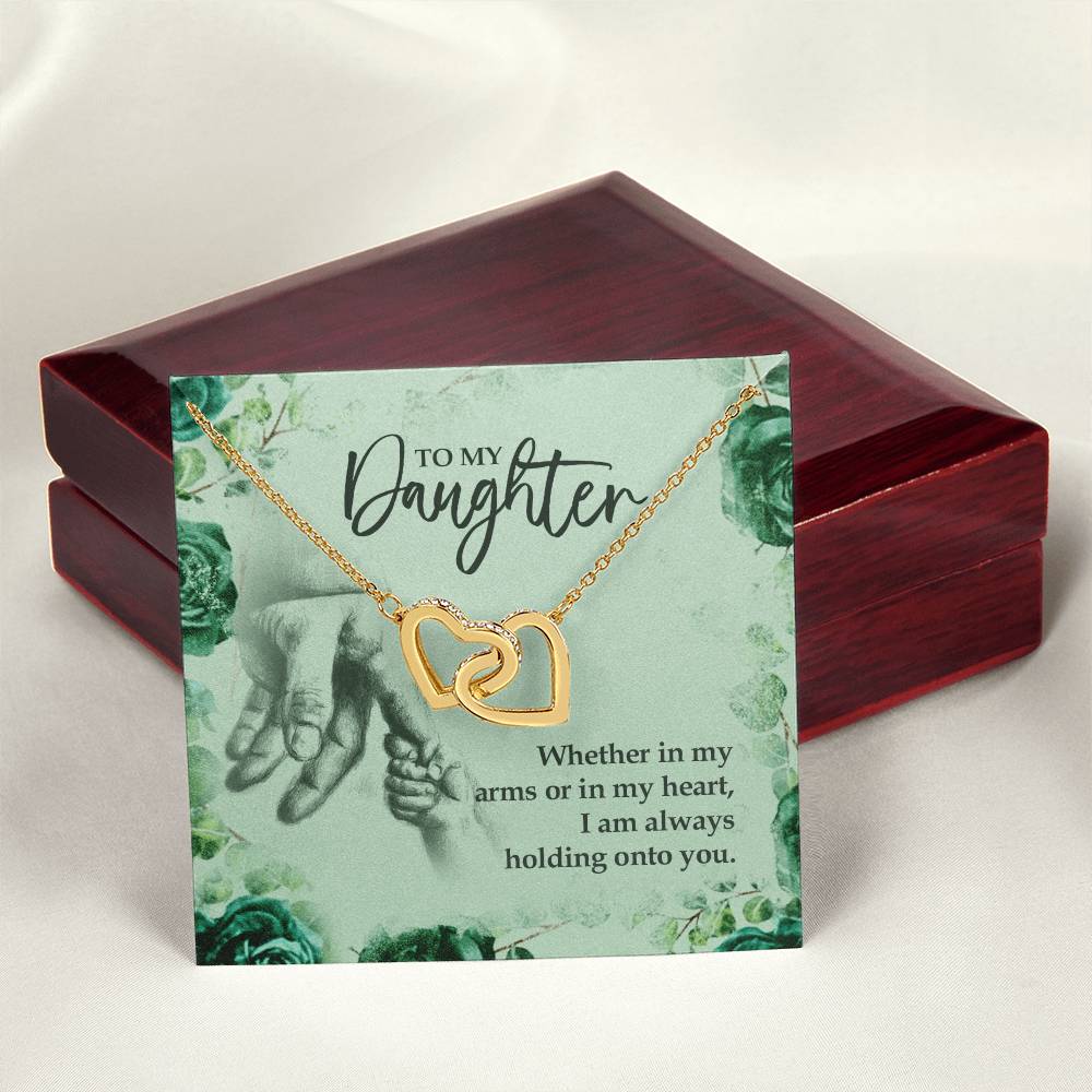 To My Daughter Holding Onto You. Artisan Zirconia Necklace Interlocking Hearts Necklace