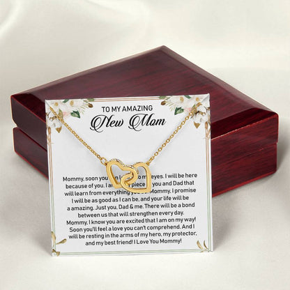 To My Amazing New Mom Interlocking Hearts Necklace Message Card