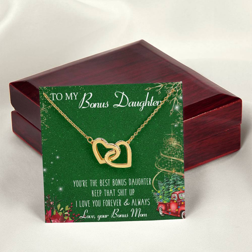 To My Bonus Daughter Interlocking Hearts Necklace Message Card
