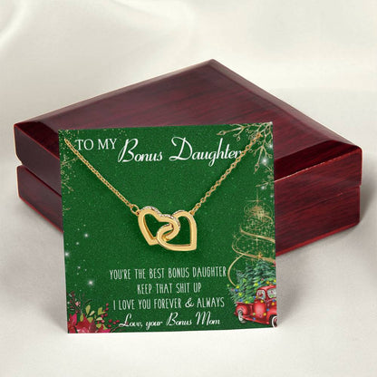 To My Bonus Daughter Interlocking Hearts Necklace Message Card