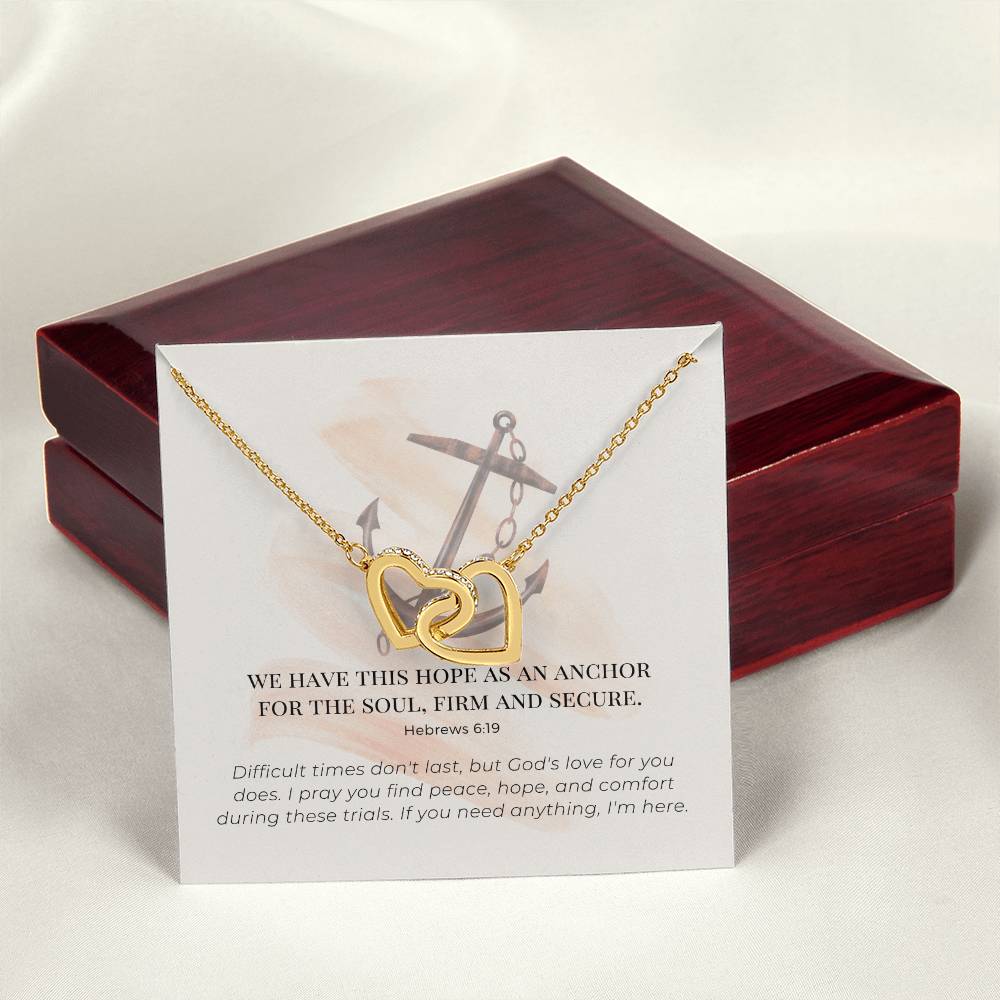 Scripture Encouragement Interlocking Hearts Necklace Hebrews 619 Cream Brush