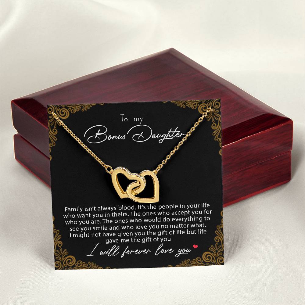 To My Bonus Daughter Family Isn'T Always Blood Interlocking Hearts Necklace