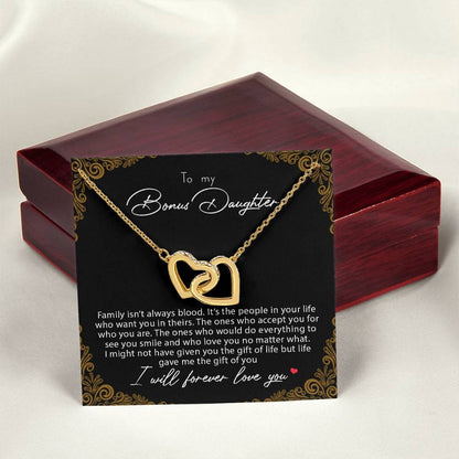 To My Bonus Daughter Family Isn'T Always Blood Interlocking Hearts Necklace