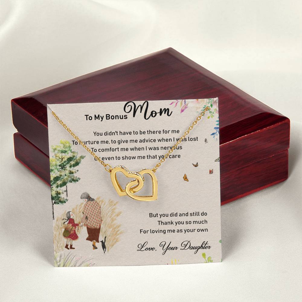To My Bonus Mom Interlocking Hearts Necklace Message Card