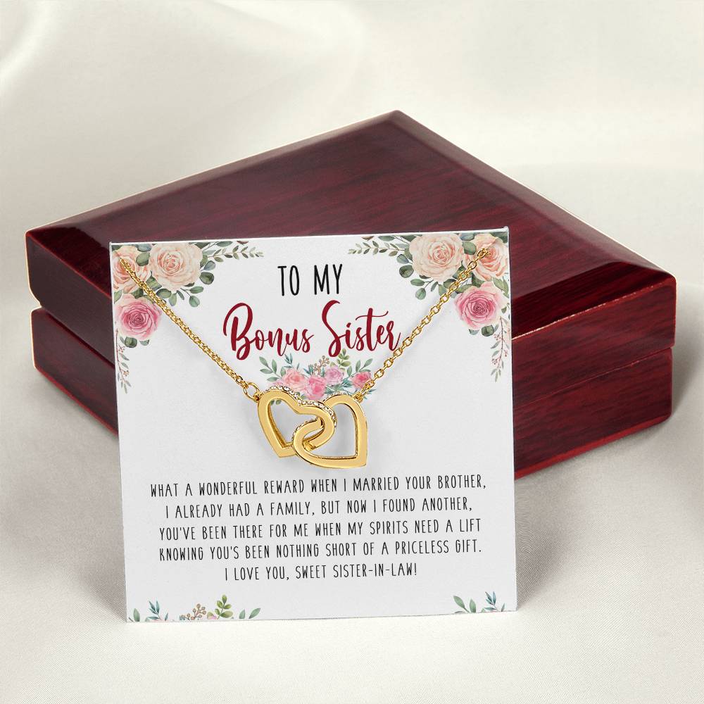 To My Bonus Sister Interlocking Hearts Necklace Birthday Message Card Gift