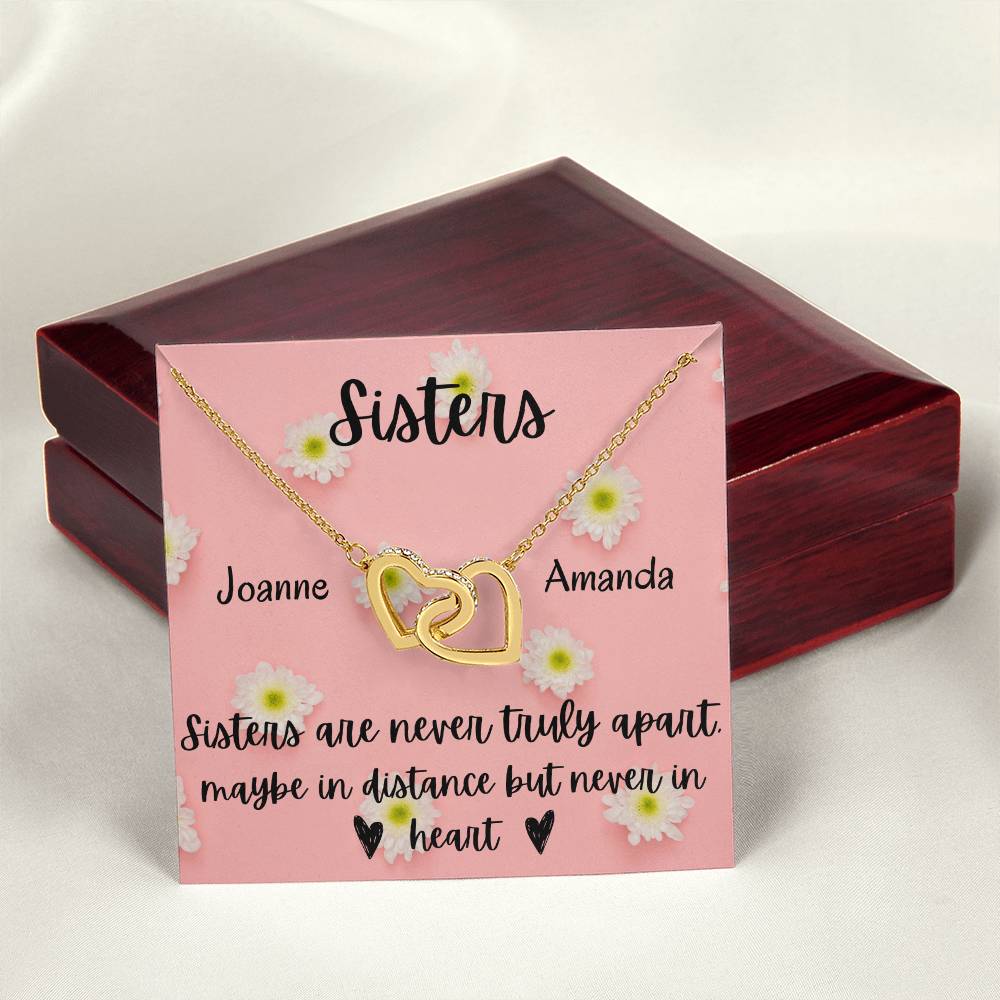 Sisters - Interlocking Necklace - Daisy Background - Personalized Interlocking Hearts Necklace