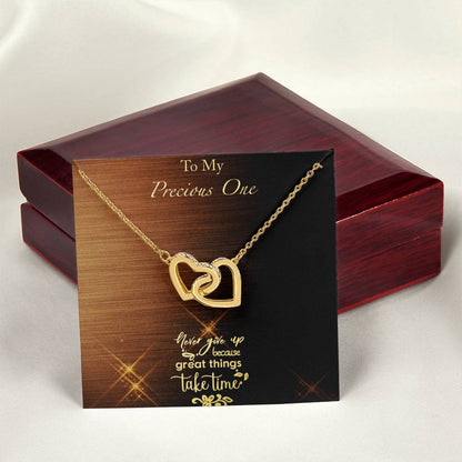 Great Things Take Time - Brushed Background Interlocking Hearts Necklace