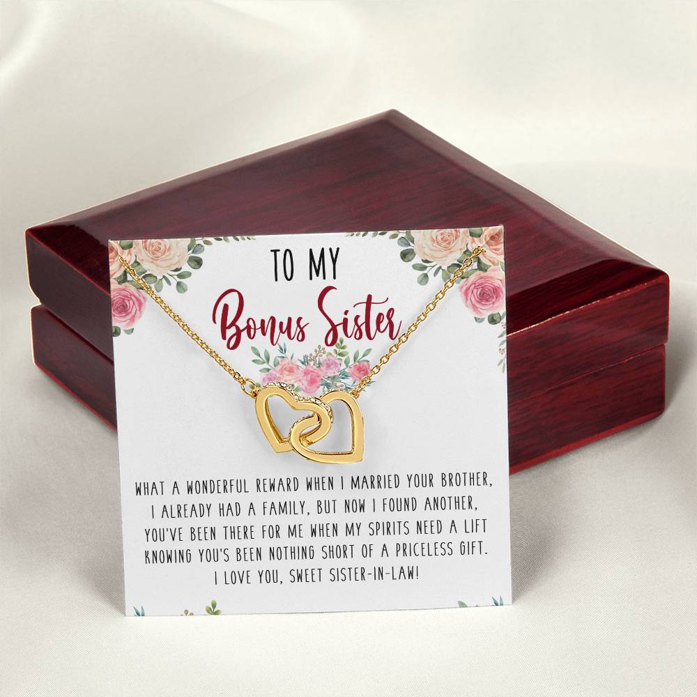 To My Bonus Sister Interlocking Hearts Necklace Message Card
