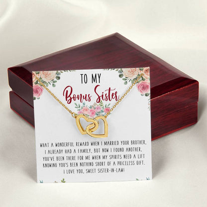 To My Bonus Sister Interlocking Hearts Necklace Message Card