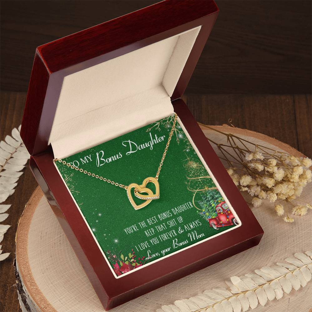 To My Bonus Daughter Interlocking Hearts Necklace Message Card
