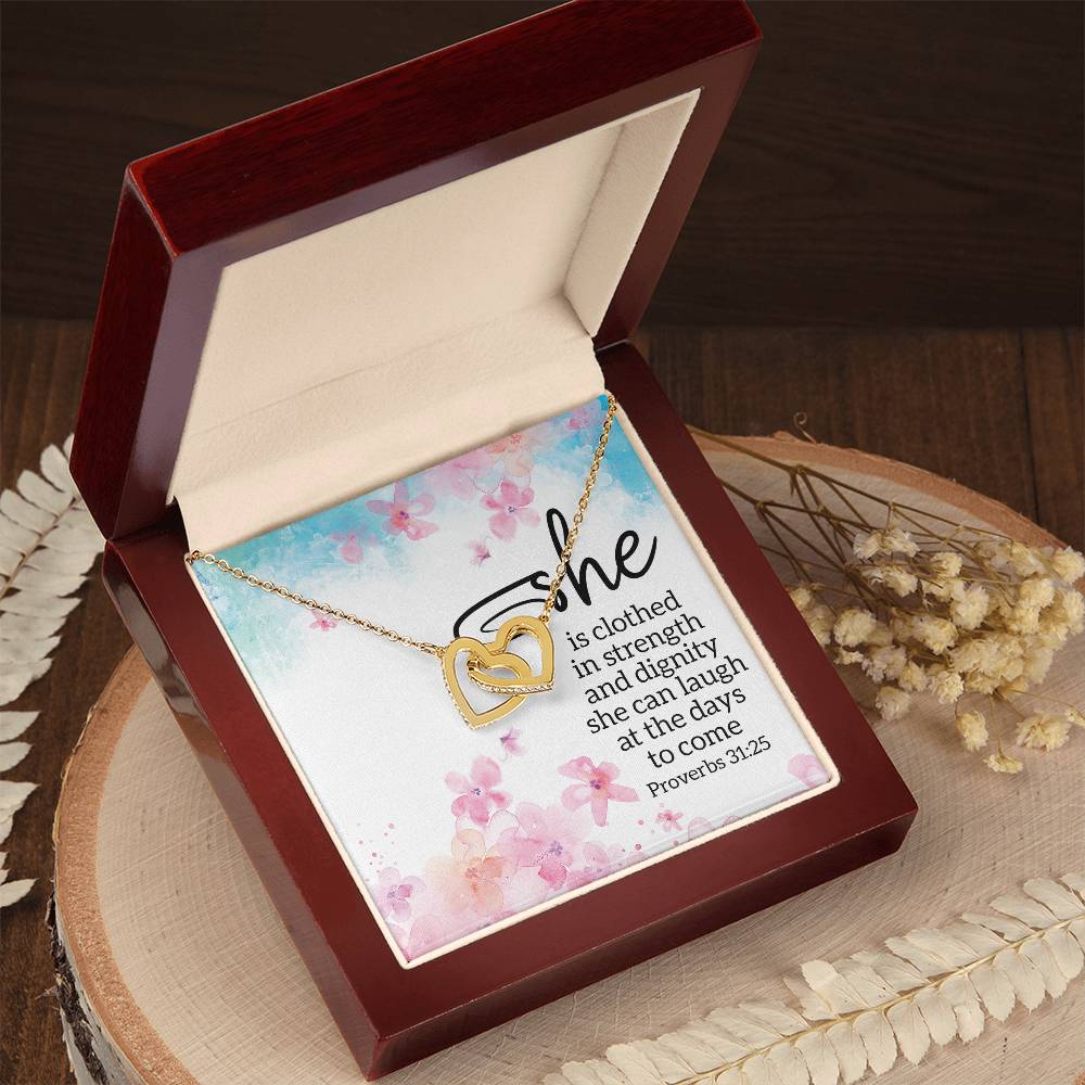 Proverbs 3125 - She Is Clothed Interlocking Hearts Necklace