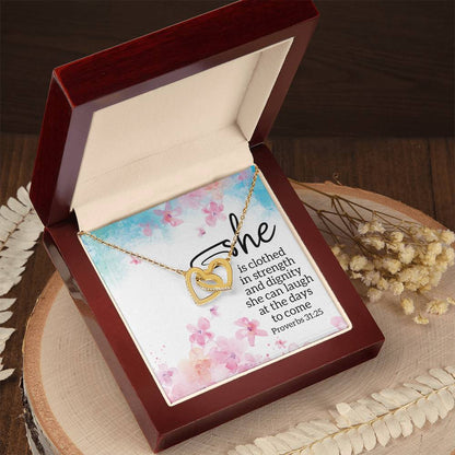 Proverbs 3125 - She Is Clothed Interlocking Hearts Necklace