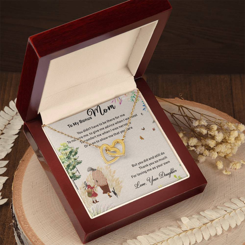 To My Bonus Mom Interlocking Hearts Necklace Message Card